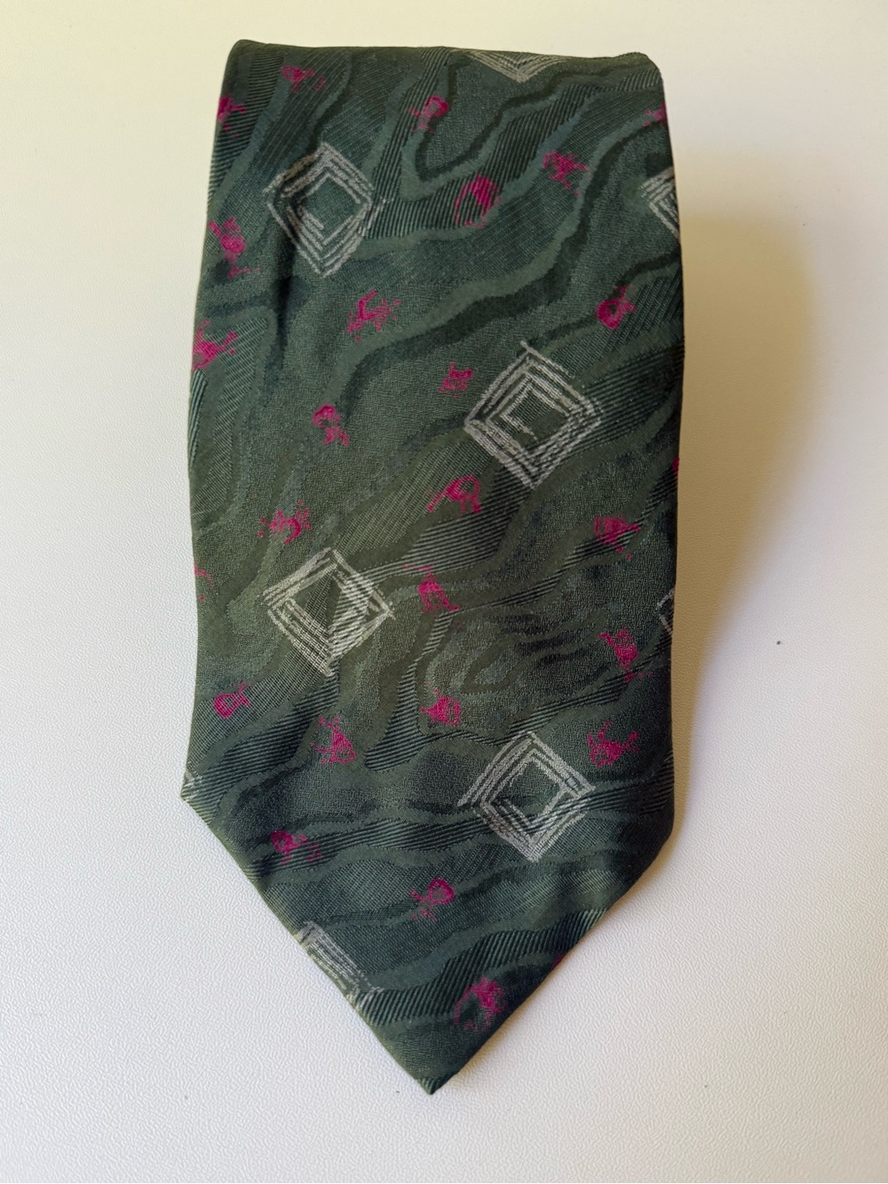 Ralph Lauren Olive Green Tie with Pink and Silver Motifs